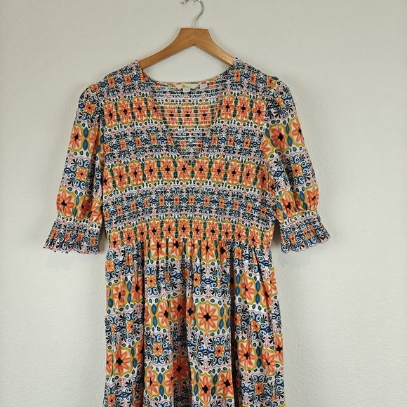 BODEN Smocked Bodice Puff Sleeve Midi Floral Deep V Dress Size 16/18R - Picture 6 of 15